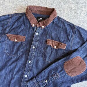 Denim Shirt Mens Medium Blue Chambray Brown Corduroy Collar Elbow Patch Western
